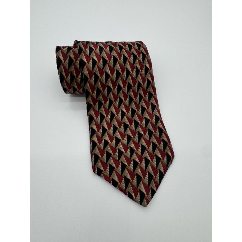 Sartori Men's Silk Tie Red Gold Black Geometric Triangle Pattern Classic Necktie